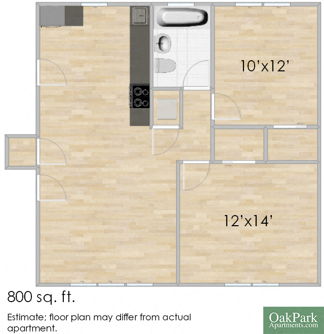 Floor plan for 2 beds, 1 bath, 800 sqft